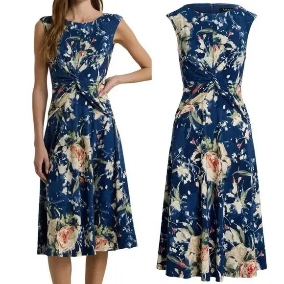 Ralph Lauren Midi Dress Blue Floral Twist Front Stretch Jersey Wedding Guest 6 - Picture 1 of 14